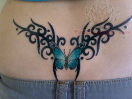 New Butterfly And Tribal Tattoo On Lower Back